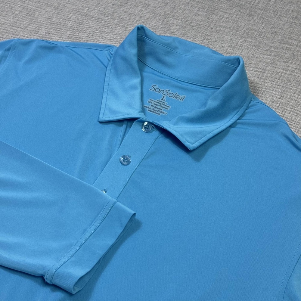 SanSoleil Polo Shirt Mens L Blue Polyester Spandex Long Sleeve Golf UPF50+